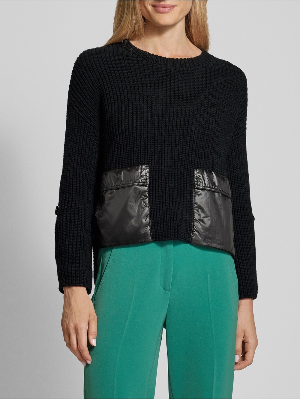 Marc Cain | Wool Blend Black Ribbed Knit Crewneck Sweater Quilted Side Panel XS